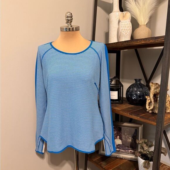 LULULEMON Runder Under Long Sleeve Mini Check Pique Reversible Shirt Blue Cream - Picture 3 of 11